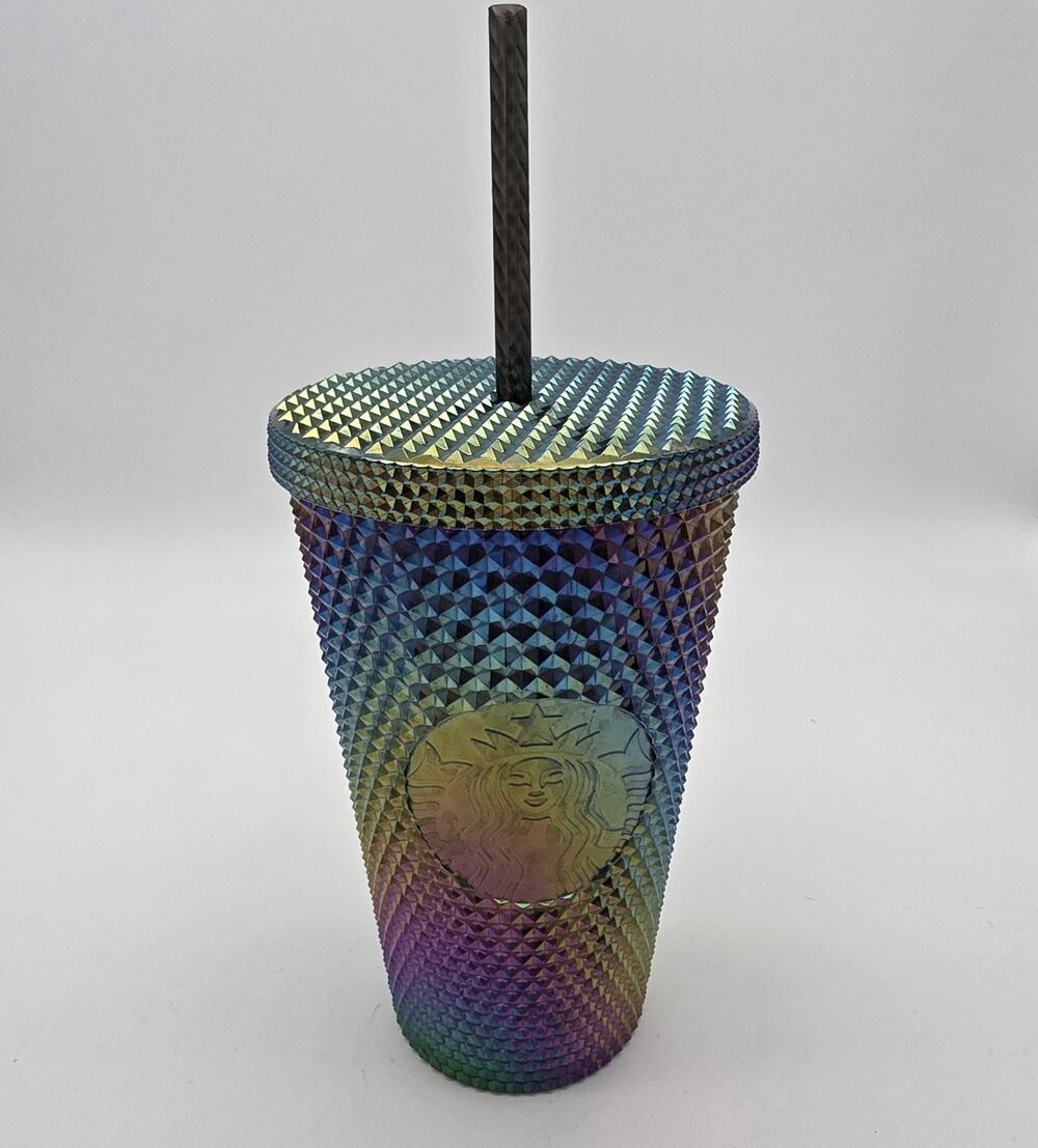 Starbucks 2023 Oil Slick Rainbow Studded Cold Cup Tumbler 16 oz Straw